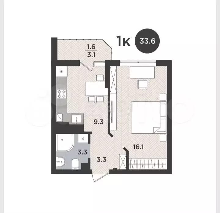 1-к. квартира, 33,6 м, 4/9 эт. - Фото 0