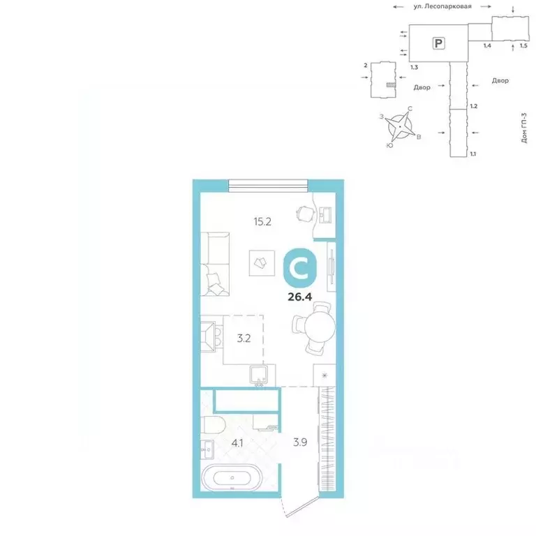 Студия Тюменская область, Тюмень ул. Лесопарковая, 20 (26.4 м) - Фото 1