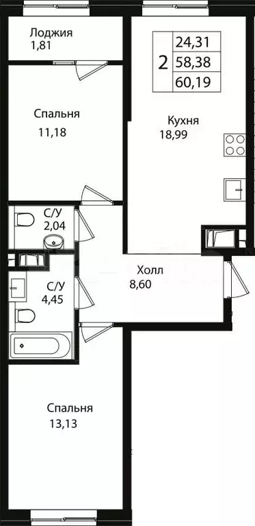 2-к. квартира, 58,4 м, 3/9 эт. - Фото 0