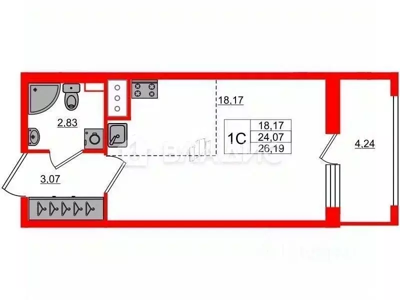 Студия Санкт-Петербург Уральская ул., 21к1 (26.0 м) - Фото 1
