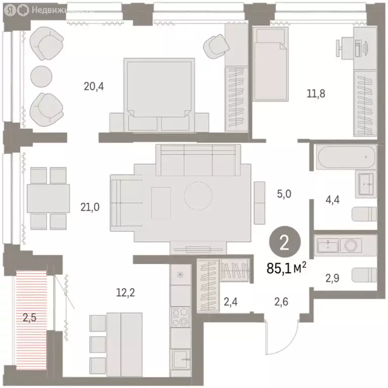 2-комнатная квартира: Новосибирск, жилой комплекс Мылзавод (85.1 м) - Фото 2