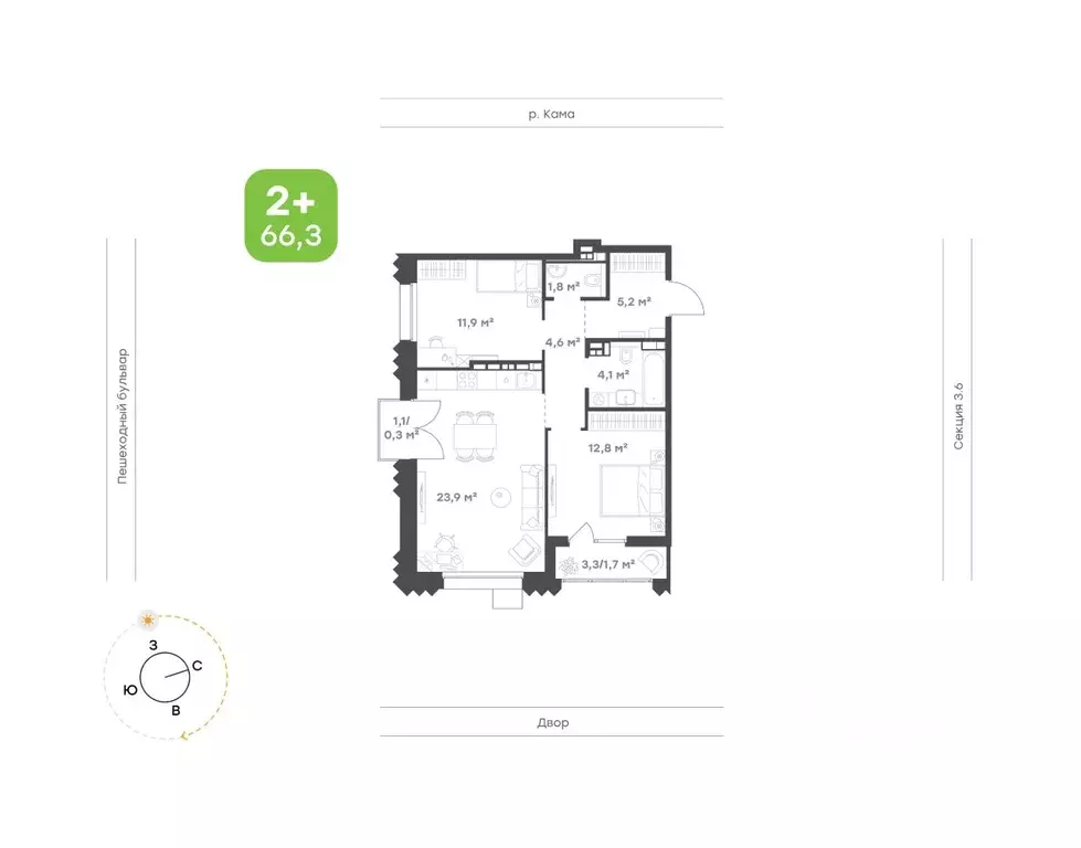 2-к кв. Татарстан, Набережные Челны Премьер-квартал жилой комплекс ... - Фото 1