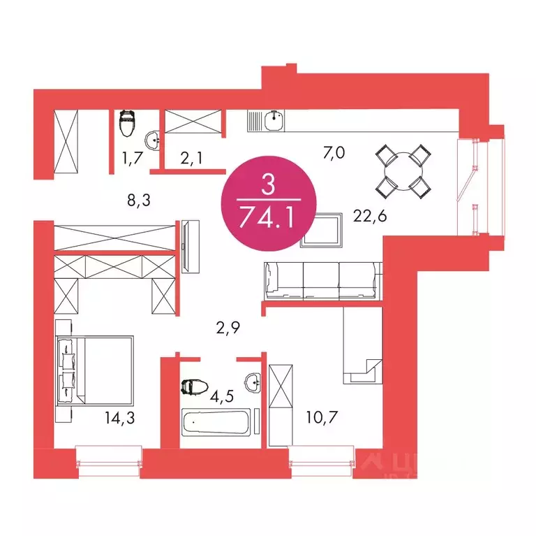 3-к кв. Красноярский край, Красноярск ул. Шахтеров, 33А (74.1 м) - Фото 0