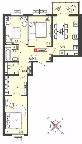 Квартира, 3 комнаты, 74.59 м - Фото 0
