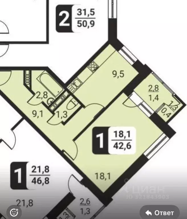 Квартира, 1 комната, 41.5 м - Фото 0