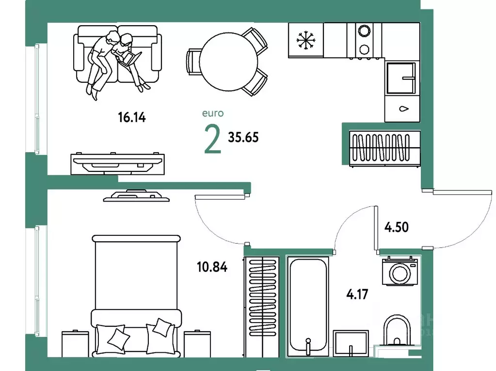 2-к кв. Тюменская область, Тюмень ул. 50 лет Октября, 61к1 (35.65 м) - Фото 1