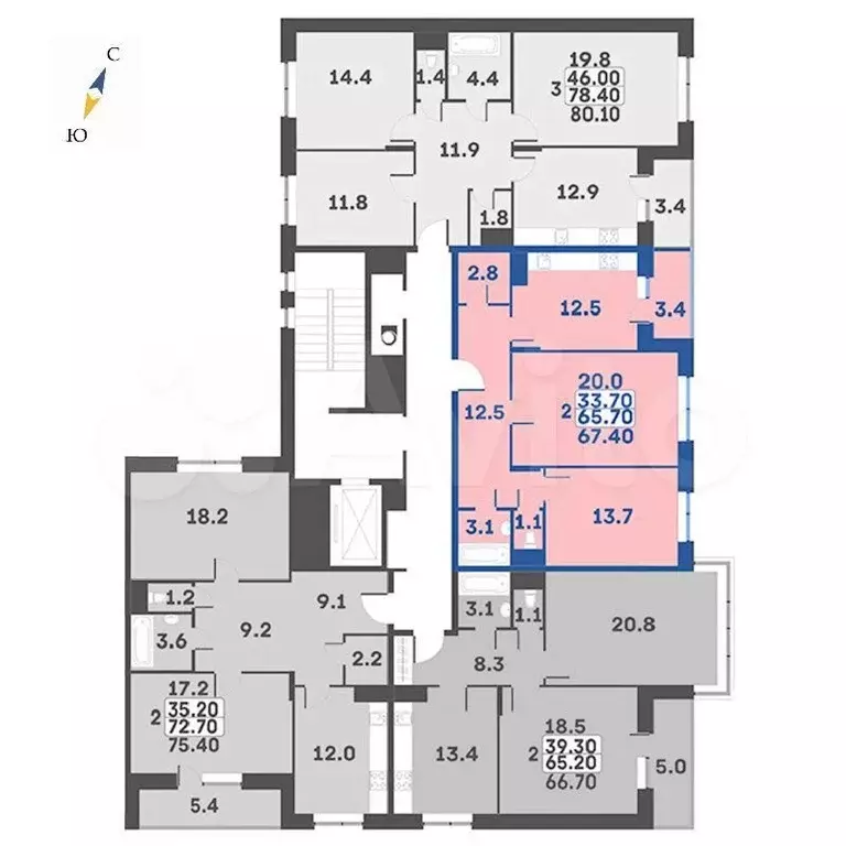 2-к. квартира, 67,4м, 5/7эт. - Фото 1