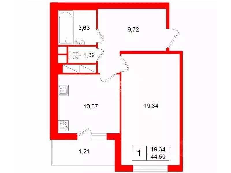Квартира, 1 комната, 44.5 м - Фото 0