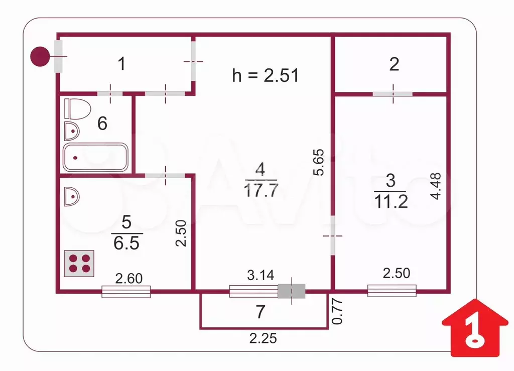 2-к. квартира, 42,1 м, 5/5 эт. - Фото 0