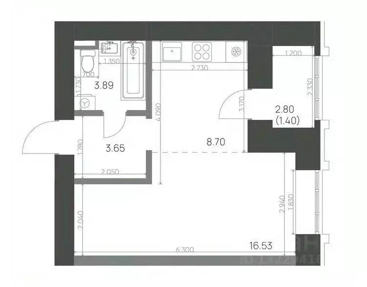 Студия Татарстан, Нижнекамск 15-й мкр, Калина жилой комплекс (34.17 м) - Фото 0