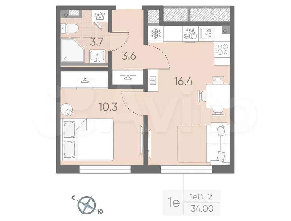 1-к. квартира, 34 м, 3/4 эт. - Фото 0