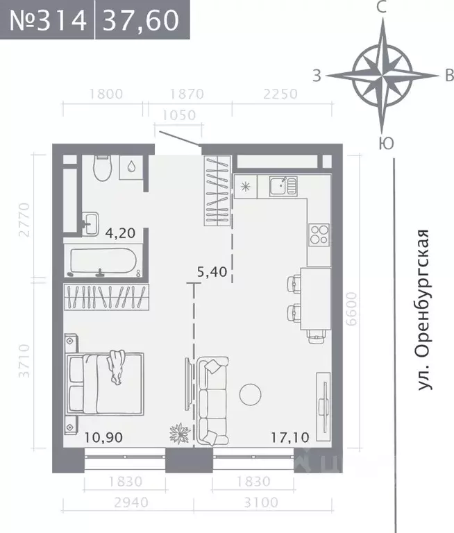1-к кв. Татарстан, Казань ул. Шишкина (37.6 м) - Фото 1