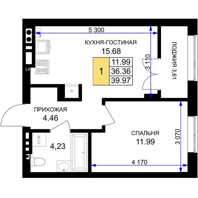 1-комнатная квартира: Гурьевск, жилой комплекс Включи (39.97 м) - Фото 0