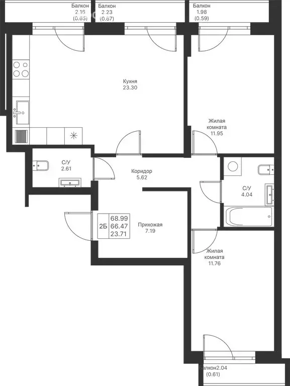 2-комнатная квартира: Казань, ЖК Мой Ритм, ПК14 (68.99 м) - Фото 0
