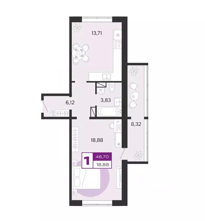 1-к кв. Брянская область, Брянск ул. Ильи Иванова (46.7 м) - Фото 1