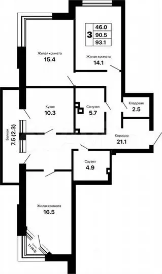 3-к. квартира, 93,1м, 3/16эт. - Фото 0