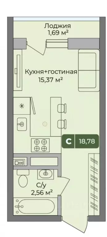 Студия Краснодарский край, Краснодар ул. Силантьева, 80/1 (18.78 м) - Фото 1
