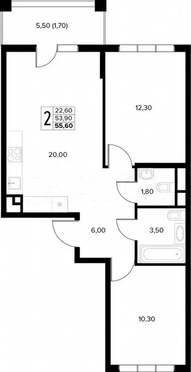 2-к. квартира, 55,6 м, 2/8 эт. - Фото 1