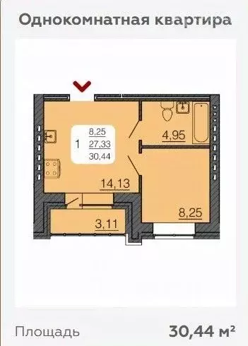 1-к кв. Воронежская область, Семилуки ул. Маяковского, 53/2 (30.44 м) - Фото 1