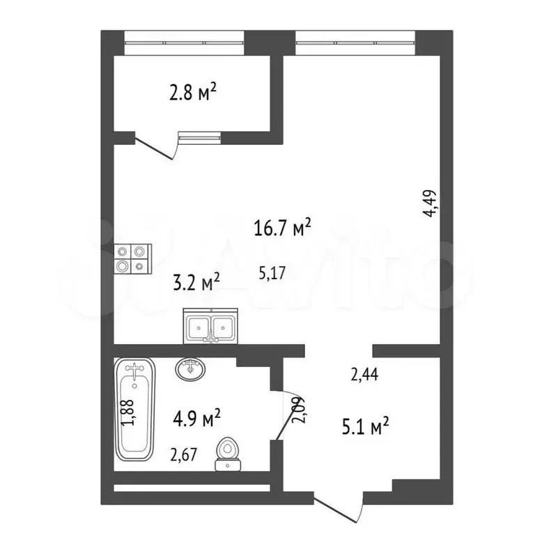 Квартира-студия, 32,7 м, 4/7 эт. - Фото 1