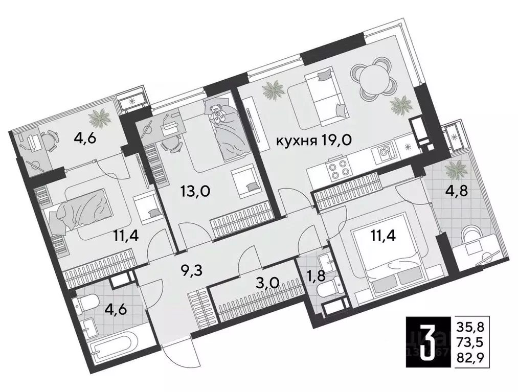 3-к кв. Краснодарский край, Краснодар Парк Победы мкр,  (82.9 м) - Фото 1