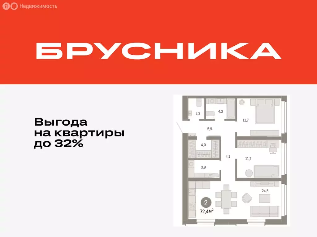 2-комнатная квартира: Тюмень, жилой комплекс Республики 205 (72.39 м) - Фото 0