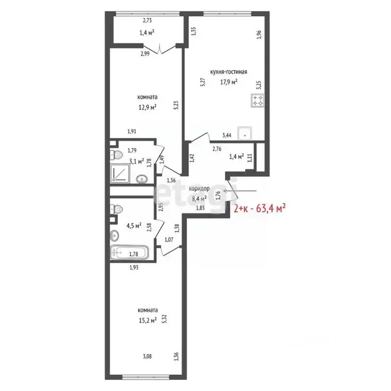 2-к кв. Свердловская область, Екатеринбург ул. 8 Марта, 204Г (63.4 м) - Фото 2