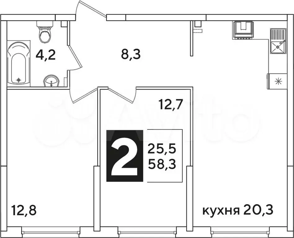 2-к. квартира, 58,3 м, 2/16 эт. - Фото 1