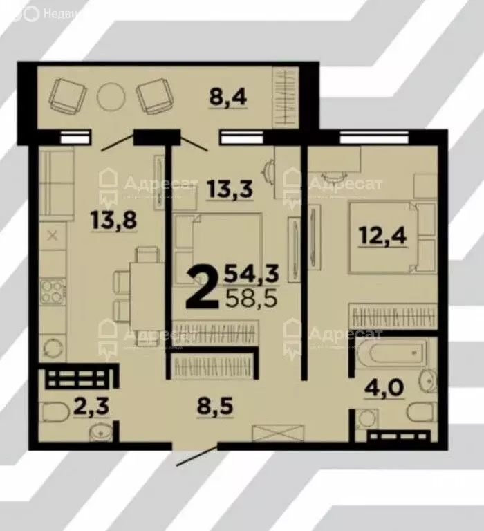 2-комнатная квартира: Волгоград, улица Гаря Хохолова, 8 (53 м) - Фото 1