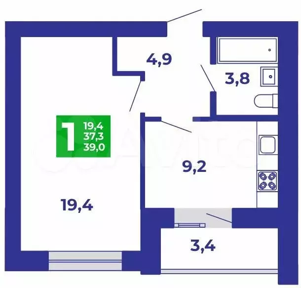 1-к. квартира, 39м, 4/9эт. - Фото 0