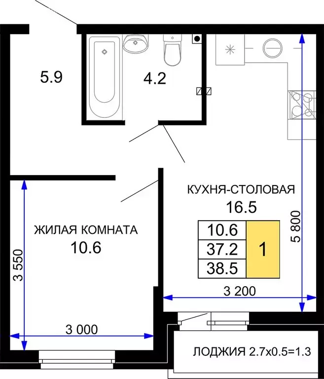 1-комнатная квартира: Краснодар, жилой комплекс Дыхание (38.5 м) - Фото 0
