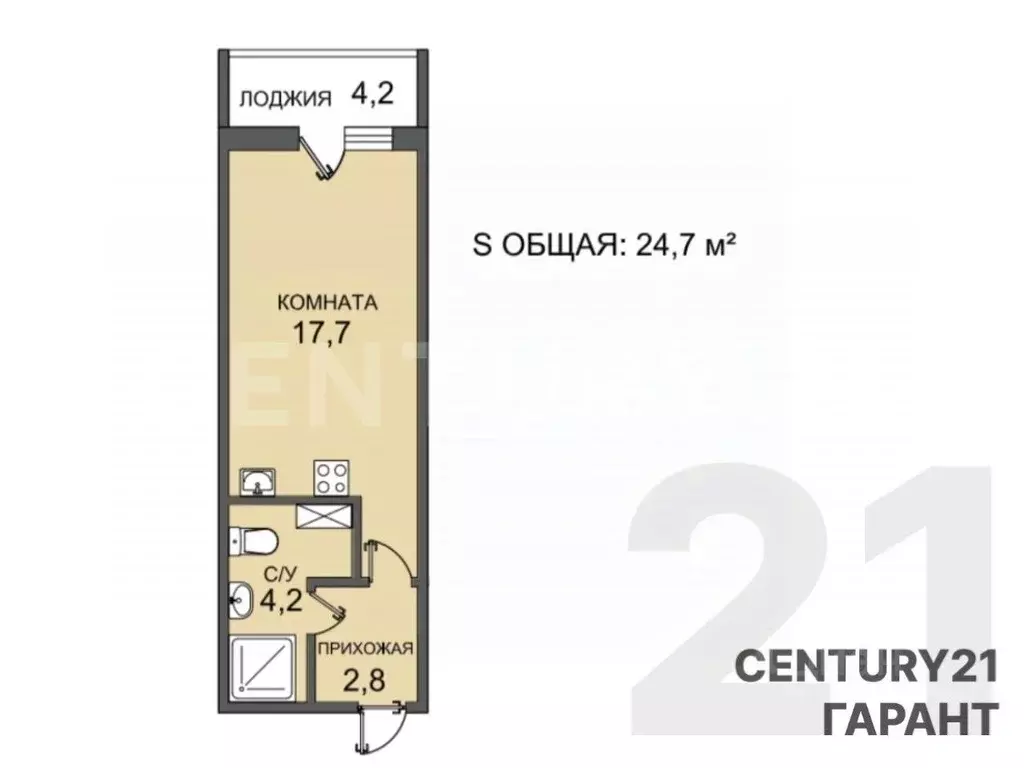 Студия Санкт-Петербург ул. Летчика Лихолетова, 14к4 (24.7 м) - Фото 2