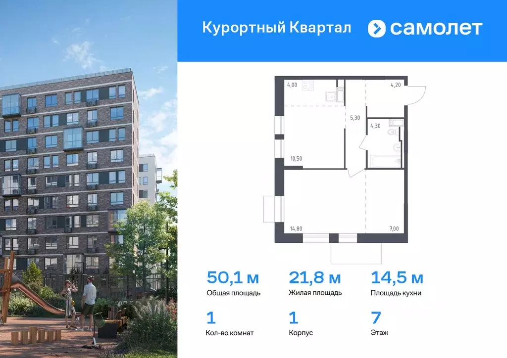 1-к кв. Санкт-Петербург пос. Песочный, Школьная ул., 80 (50.1 м) - Фото 0