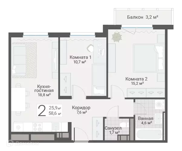 Продаётся 2-к квартира, 58.6 м - Фото 0