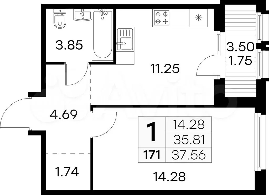 1-к. квартира, 37,6 м, 5/15 эт. - Фото 0