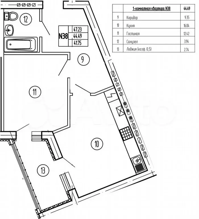 1-к. квартира, 44,5м, 4/4эт. - Фото 0