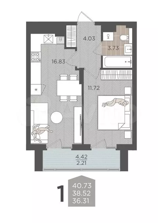 1-к. квартира, 40,7 м, 5/9 эт. - Фото 1