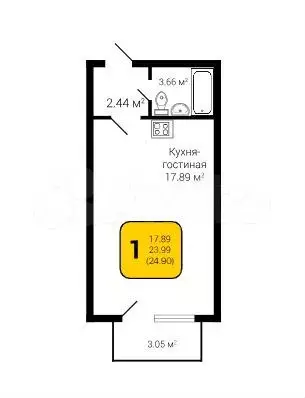 Квартира-студия, 24,9 м, 3/4 эт. - Фото 1