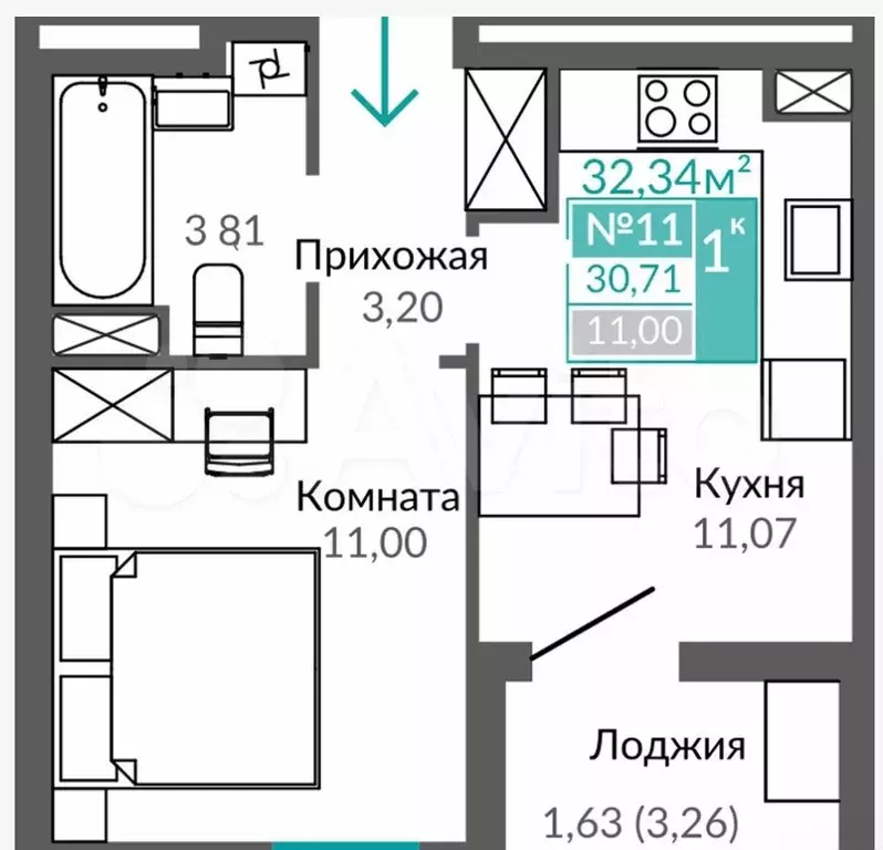 1-к. квартира, 32,3 м, 2/9 эт. - Фото 1