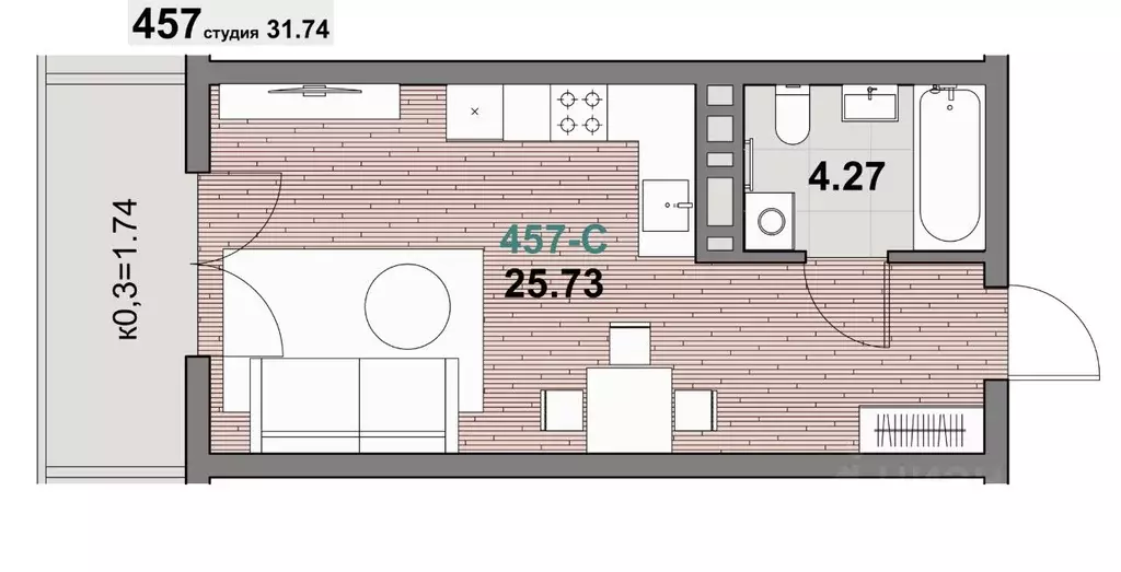 1-к кв. Калининградская область, Зеленоградск ул. Гагарина (31.74 м) - Фото 1