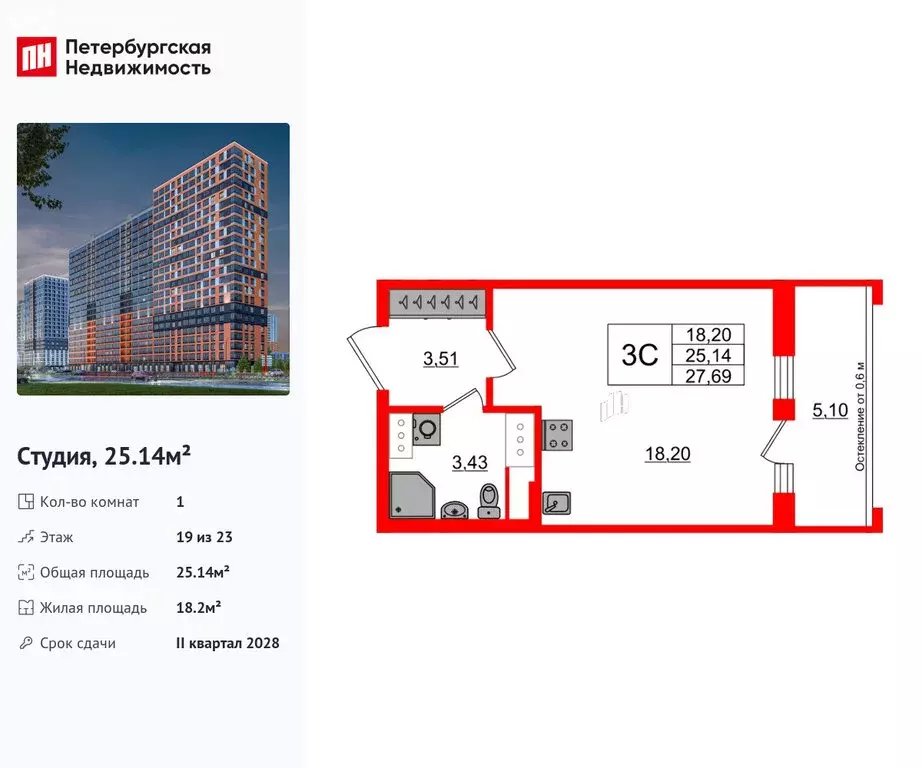 Квартира-студия: деревня Новосаратовка, ЖК Город Звёзд (25.14 м) - Фото 0
