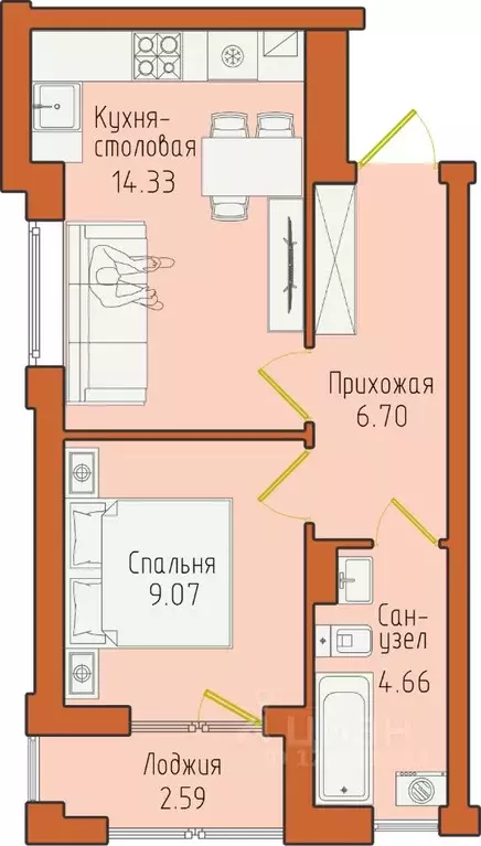 1-к кв. Калининградская область, Светлогорск пос. Отрадное,  (37.35 м) - Фото 0