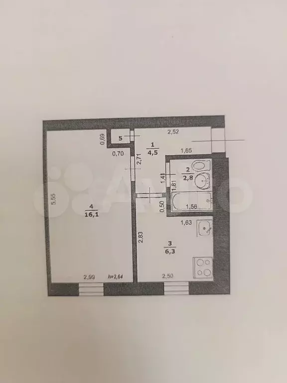 1-к. квартира, 30,1 м, 2/5 эт. - Фото 0