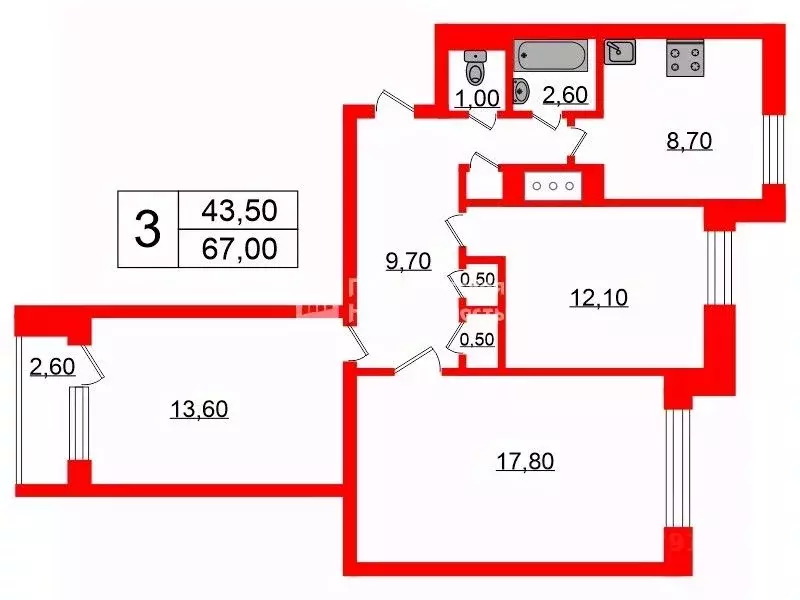 3-к кв. Санкт-Петербург просп. Маршала Жукова, 37К1 (67.0 м) - Фото 1