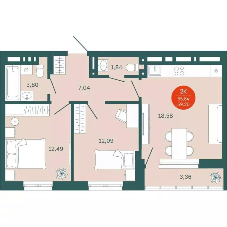 2-к кв. Тюменская область, Тюмень Одесская ул., 7к2 (55.84 м) - Фото 0