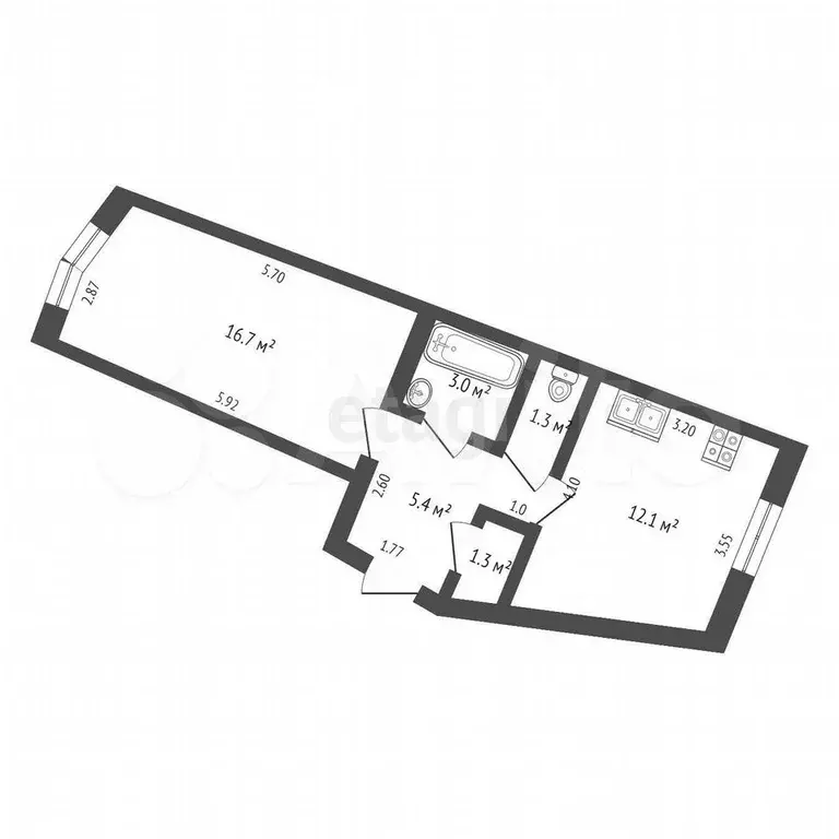 1-к. квартира, 39,8 м, 1/5 эт. - Фото 0
