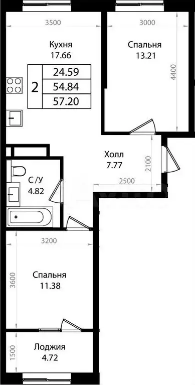 2-к. квартира, 57,2 м, 4/9 эт. - Фото 1