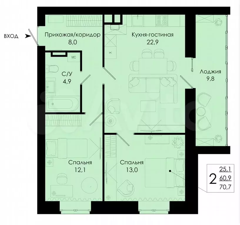 2-к. квартира, 71 м, 4/10 эт. - Фото 0