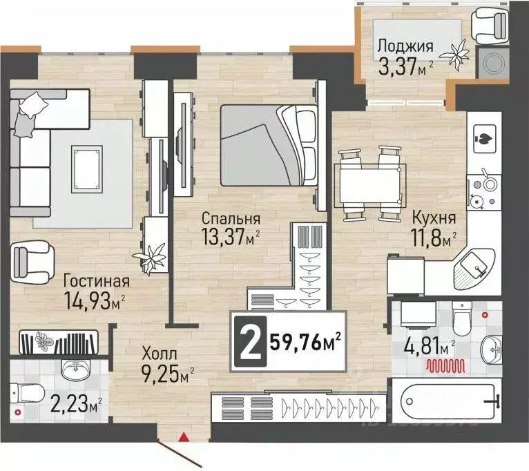 2-к кв. Рязанская область, Рыбное ул. Крымская, 15 (59.76 м) - Фото 1