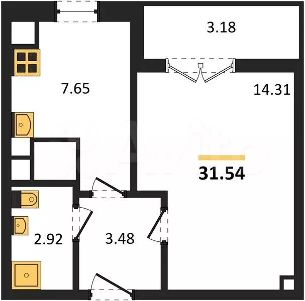 1-к. квартира, 31,5 м, 8/9 эт. - Фото 1